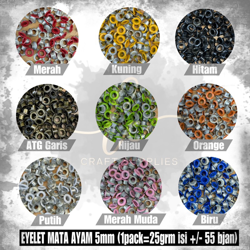 

Mata Ayam Eyelet / Mata Itik 5mm Warna Warni jual per 10grm