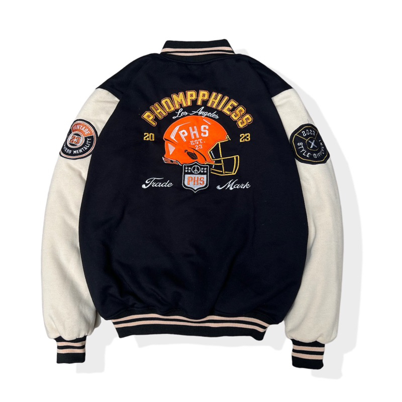 PHOMPPHIESS Jacket Varsity Hitam Full Bordir Jaket Baseball Pria Wanita