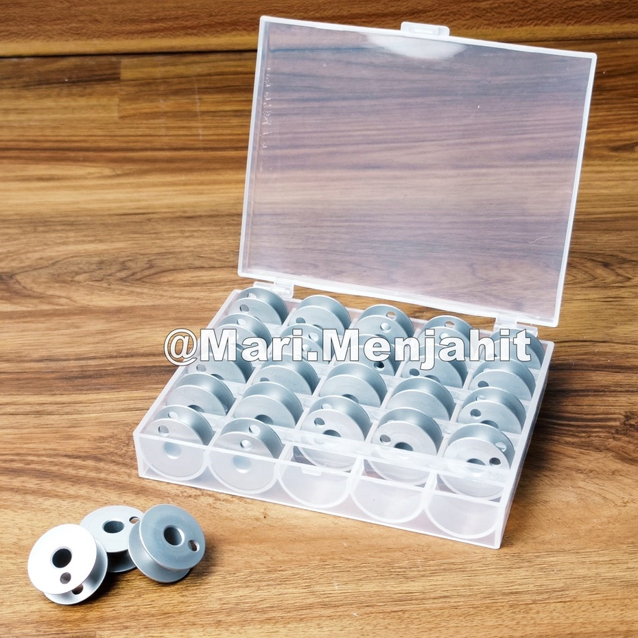 25 Pcs Spool + Case Spull Bobbin Palet Aluminium Lubang 2 Mesin Jahit Industrial Jarum 2