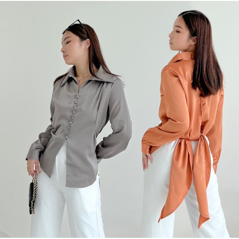 ALEXA LONGSLEEVE TOP SATIN BLOUSE PREMIUM KOREA - OUTFIT KANTORAN KOREA MEWAH - BAJU KEMEJA PESTA - ATASAN TANGAN PANJANG WANITA - ATASAN UNTUK KONDANGAN - ATASAN CASUAL - THR LEBARAN - HADIAH / KADO ULTAH CEWEK