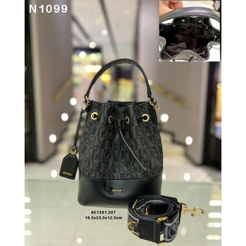 tas serut bonia original bucket bag monogram hitam tali lebar