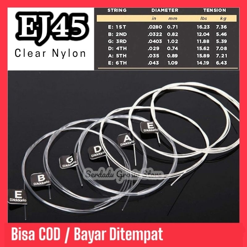 Senar Gitar Akustik Nylon EJ45 Normal Tension 1 Set (isi 6) - Clear Nylon