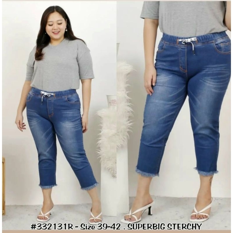JEANS 7/9 DARK BLUE PINGGANG KARET RAWIS, Size : 37,38