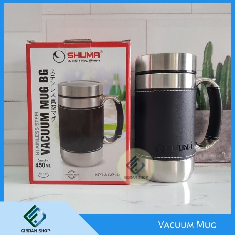 SHUMA VACUM MUG THERMO AIR PANAS DAN DINGIN STAINLESS STEEL BG KULIT CANGKIR ORIGINAL AWET