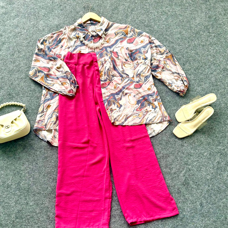 Bundling One Set Kemeja Oversize Rayon Motif + Cullote Crinkle Airflow Jumbo OOTD Fashion Remaja Dewasa Bestseller