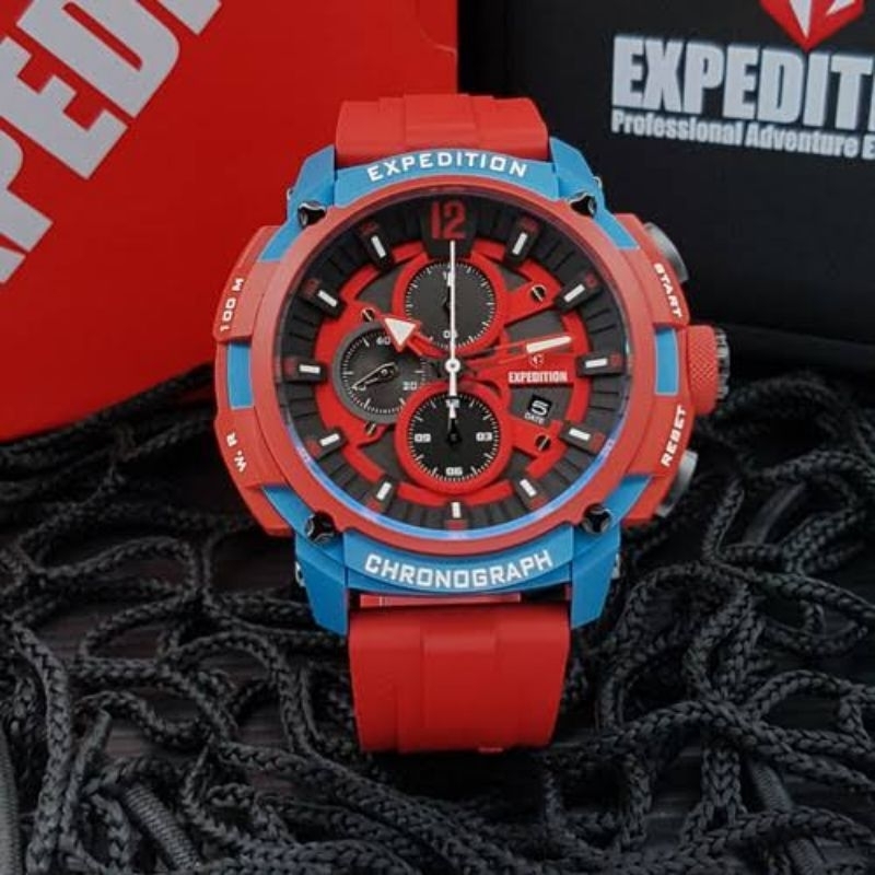 Jam Expedition Chronograph E 6781 MC RUBBARE Men Blue Dial Red Rubber Strap