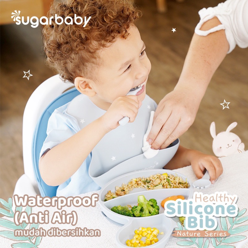 SUGAR BABY - HEALTHY SILICON BIB - Sugarbaby Dino and bunny Celemek Silikon Slabber Waterproof - Perlengkapan Mpasi Anak