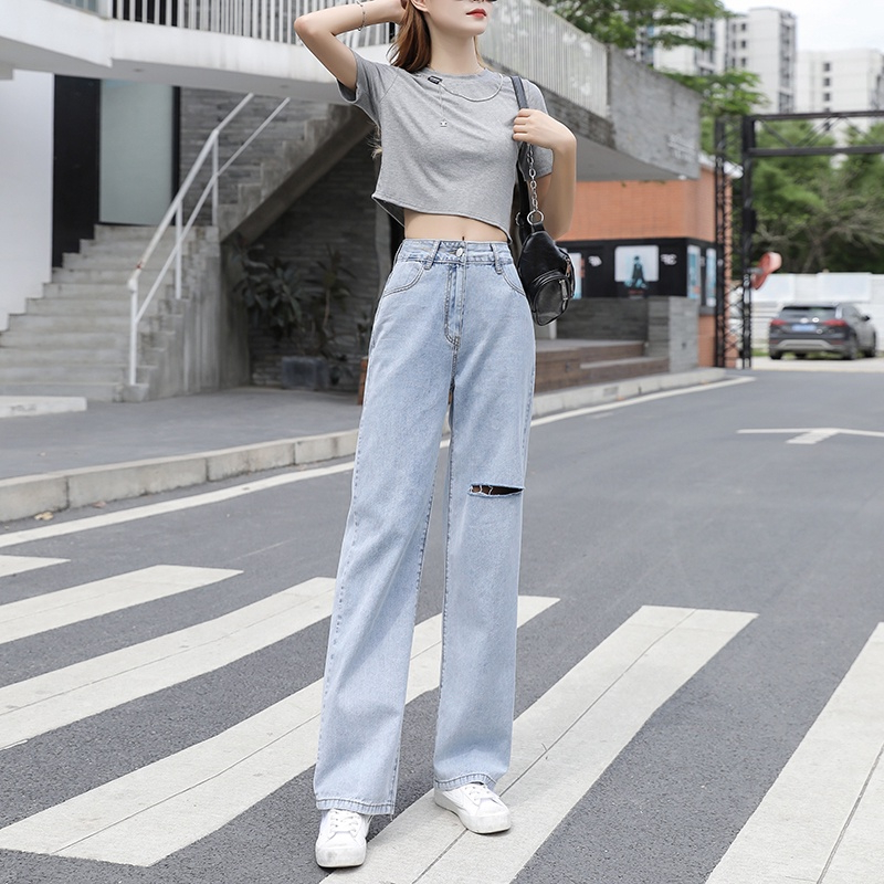 Biru Highwaist Robek Straight Celana Panjang Jeans Wanita Loose