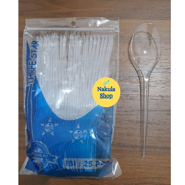 Sendok Makan Plastik Bening Ekonomis merk THREE STAR isi 25 Pcs