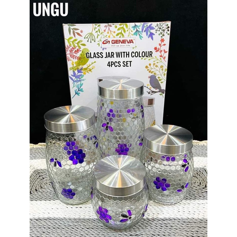 Toples Kaca Tawon Ruby GENEVA / Toples Kue / Permen / Kacang / Snack Set 4 Pcs Motif