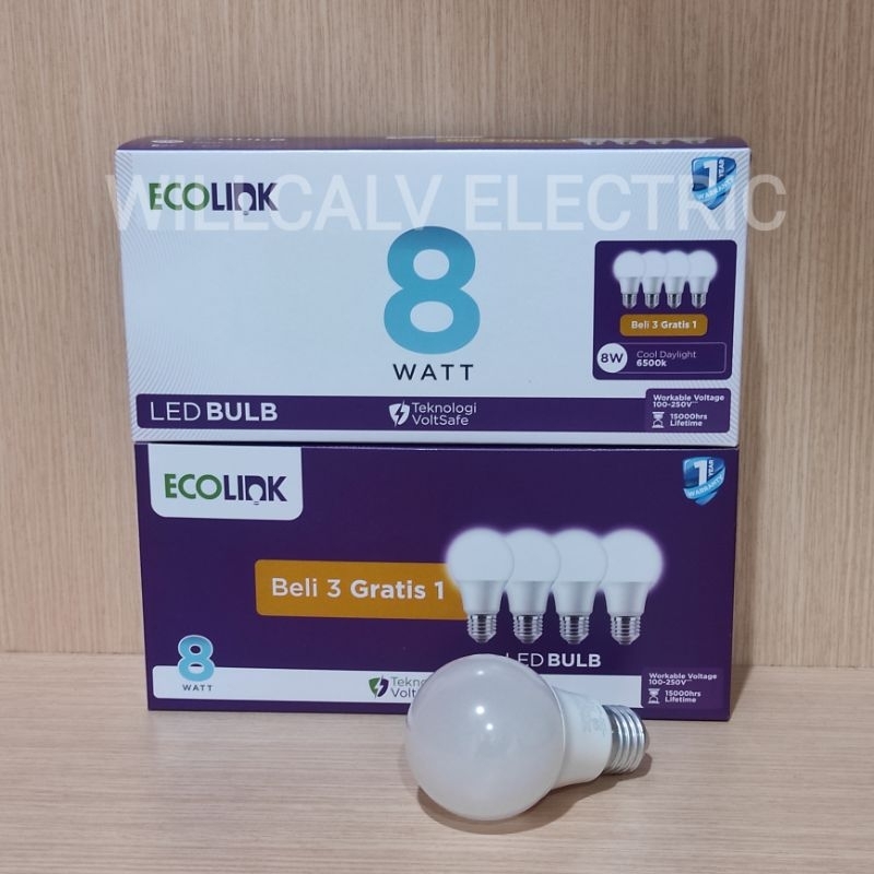 Lampu ECOLINK led bulb Multipack 8W isi 4 (3+1) cahaya putih 6500K E27