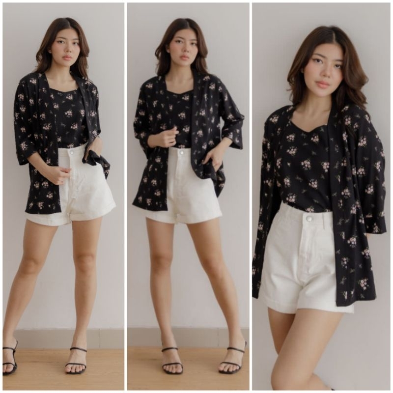 ⚡️ CLEARANCE SALE ♡ PREMIUM ♡ ORIGINAL ! HELLINA 2 IN 1 FLOWERY SET [ TANK + OUTER ] SETELAN INNER &amp; CARDIGAN