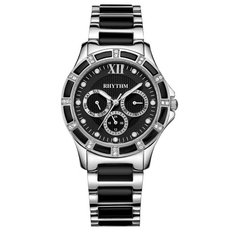 JAM TANGAN WANITA RHYTHM F1201 T02 F1201T02 ANALOG SILVER BLACK CERAMIC STAINLESS STRAP