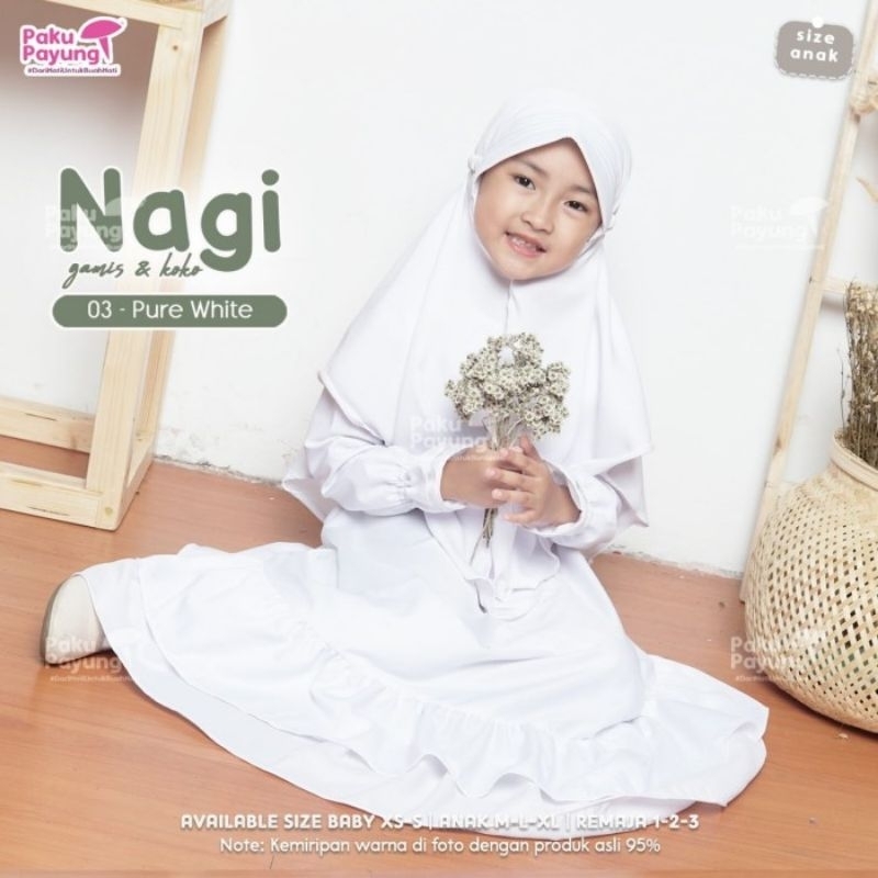 Baju Gamis Putih Anak Perempuan 9 Tahun - 12 Tahun Nagi Series Paku Payung