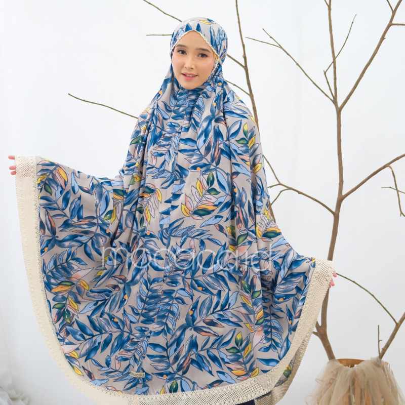 Mukena Dewasa Jumbo 2 in 1 Kayana Motif Bahan Rayon Premium Jatuh Adem Ponco Pouch Tas Sleting Cream - royal blue biru navy