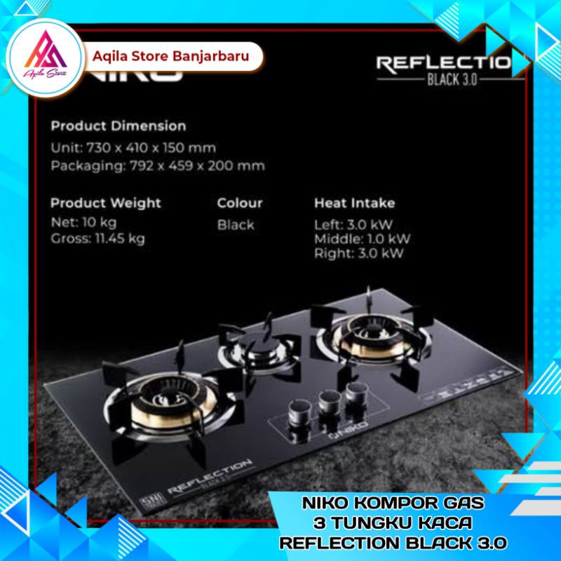 Niko Kompor Gas 3 Tungku Kaca Reflection Black 3.0 / Kompor Gas Kaca 3 Tungku