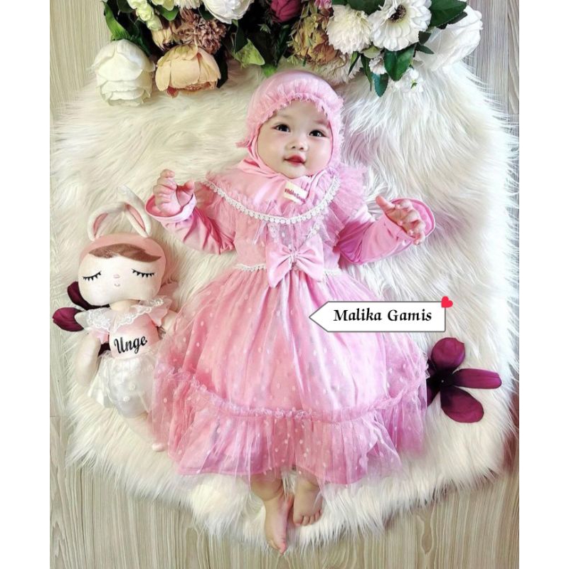 Baju Gamis Bayi Perempuan Plus Hijab - Gamis Bayi Brukat Tile Dot - Gamis Tile Dot - Gamis Pesta Bay
