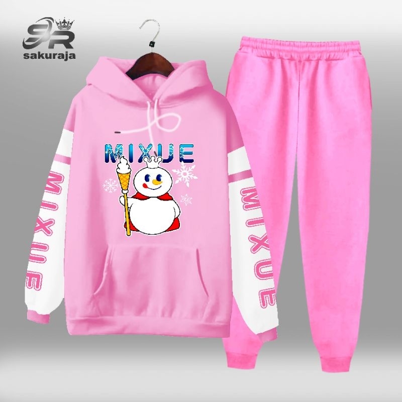 setelan Hoodie kombinasi tangan putih anak gambar mixue ice cream/viral/umur 3-17 tahun