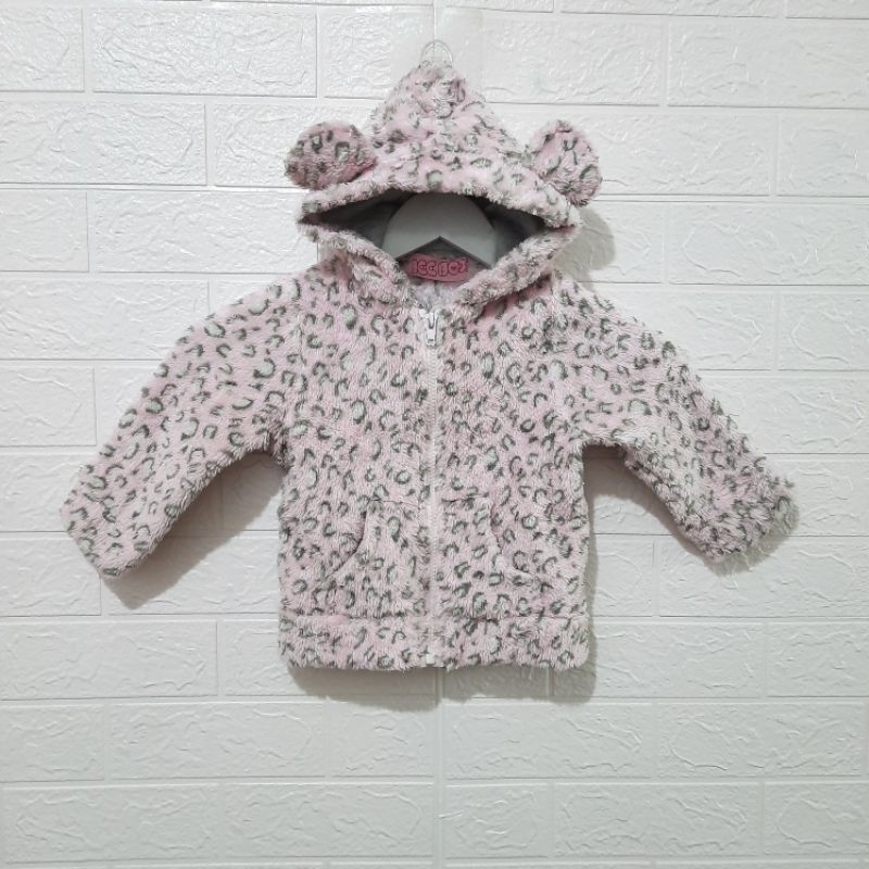 Jaket Hoodie Kuping Bulu Anak Leopard Pink
