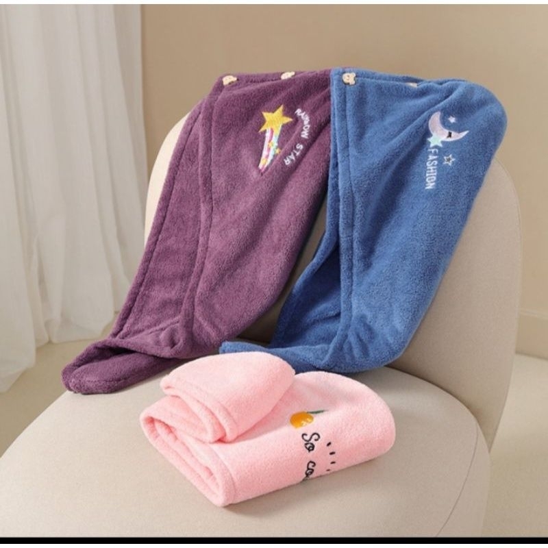 Handuk Keramas Premium Microfiber Pengering Rambut Bahan Tebal Model Kancing