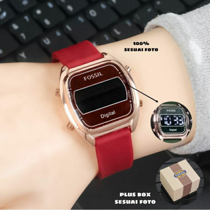 jam tangan wanita Mewah F0551L Tali Karet Merah Digital