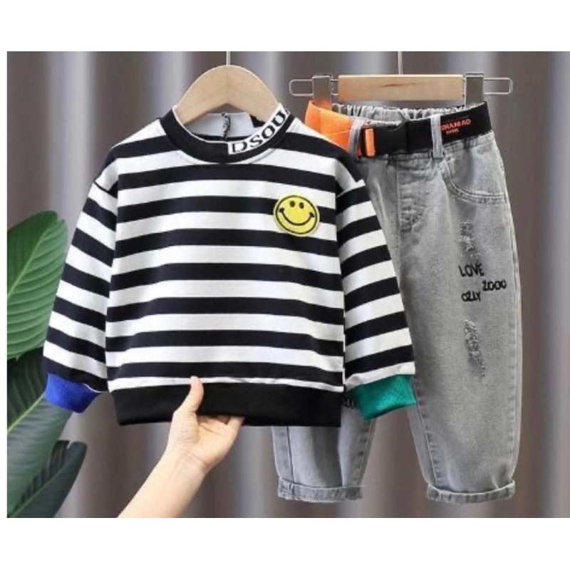 celana panjang denim anak baju setelan anak garis garis senyum 1-5 tahun ardan grosir