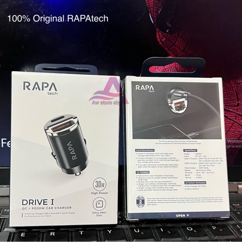 Original RAPAtech 30W CAR CHARGER DUAL PORT USB PD SUPER FAST CHARGING 30 WATT CHARGER MOBIL (DRIVE I MB-1010)