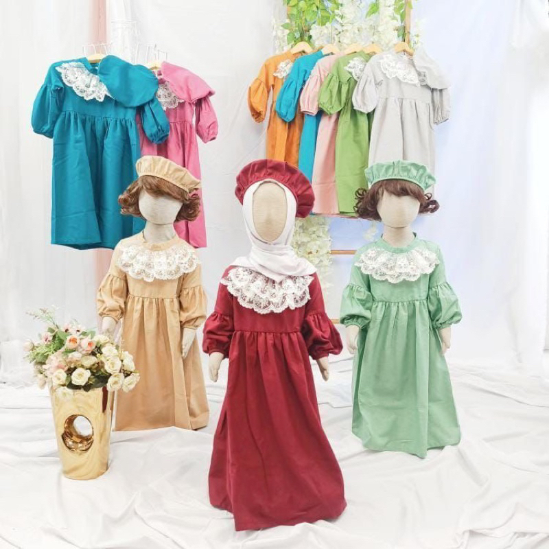 DRESS POETRI MYBEE + TOPI 1-5T / LONGDRESS ANAK LUCU / GAMIS RENDA POLOS