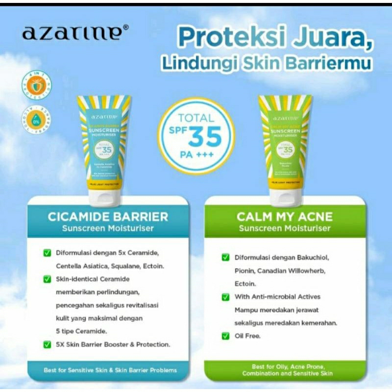 AZARINE SUNSCREEN CICAMIDE BARRIER SPF35 PA+++ | CALM MY ACNE SPF35 PA+++ 40gr