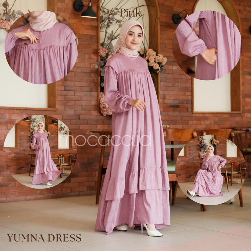 Gamis Lebaran Yumna Dress dari bahan Polo linen kancing busui friendly ada variasi remple di pundak dan rok saku lengan karet - baby pink rose