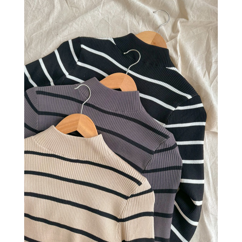 KANON - Yura Basic Knit Sweater - Sweater rajut turtleneck bodycon motif stripe