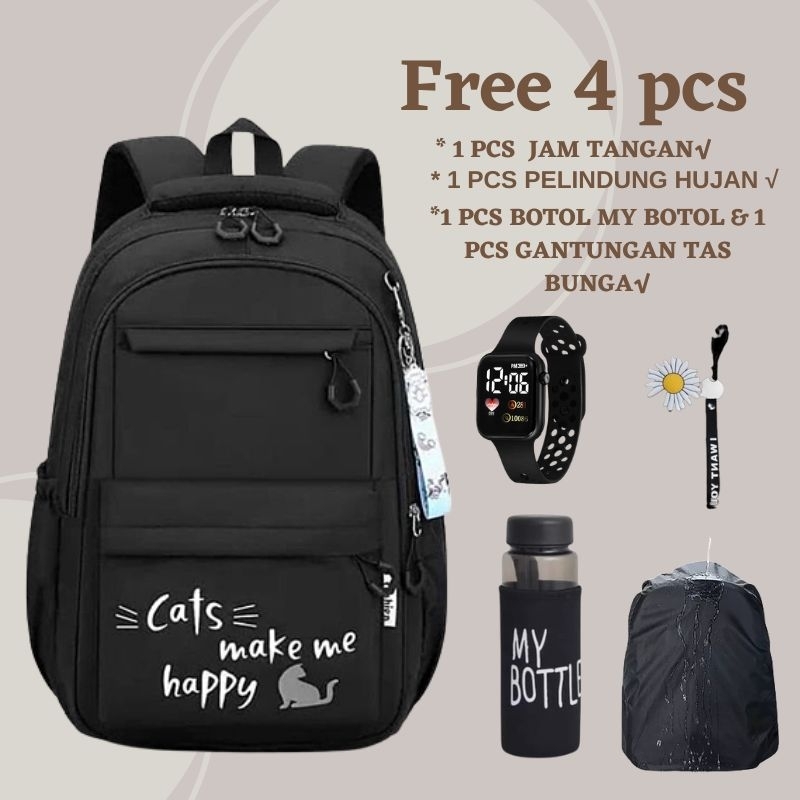 TAS RANSEL SEKOLAH ANAK PEREMPUAN KARAKTER CATS MAKE ME HAPPY / RANSEL KAPASITAS BESAR / RANSEL BAHU RINGAN / TAS ANAK GADIS MANIS