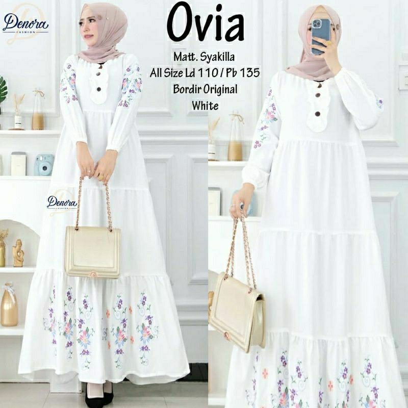 Ovia Maxy, GAMIS WANITA MUSLIM PUTIH CANTIK FIT XXL LD 112 BAHAN SYAKILLA MIX BORDIR KANCING BUSUI TERMURAH TERLARIS OOTD