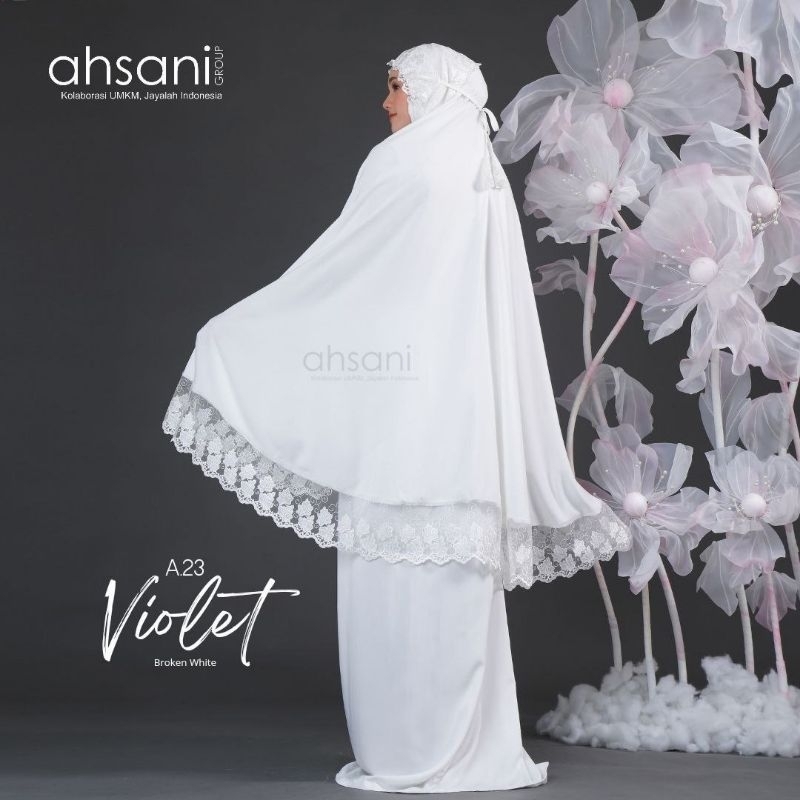 MUKENA AHSANI VIOLET A 23 PUTIH TULANG BAHAN RAYON TWILL