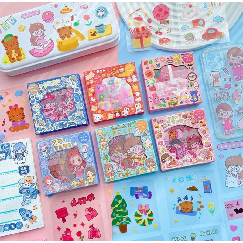 100 lembar / 25 lembar sticker 2D korea waterproof botol deco