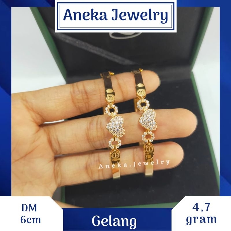 Gelang Pipa Love Mata Full, Sepuh Emas Kuning, Perak 925