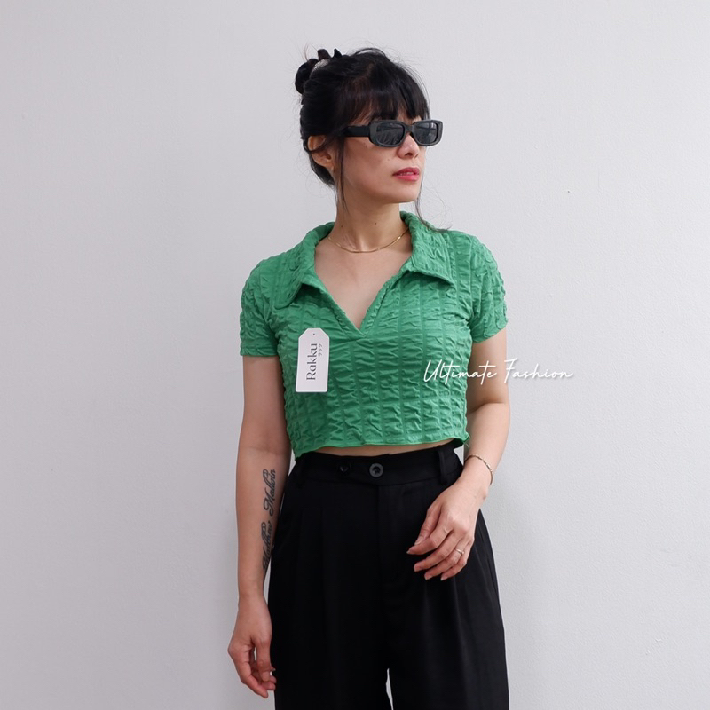 Helen Atasan Top Crop Kerah Knit Bubble Import Wanita Premium Kekinian Korea Rakku