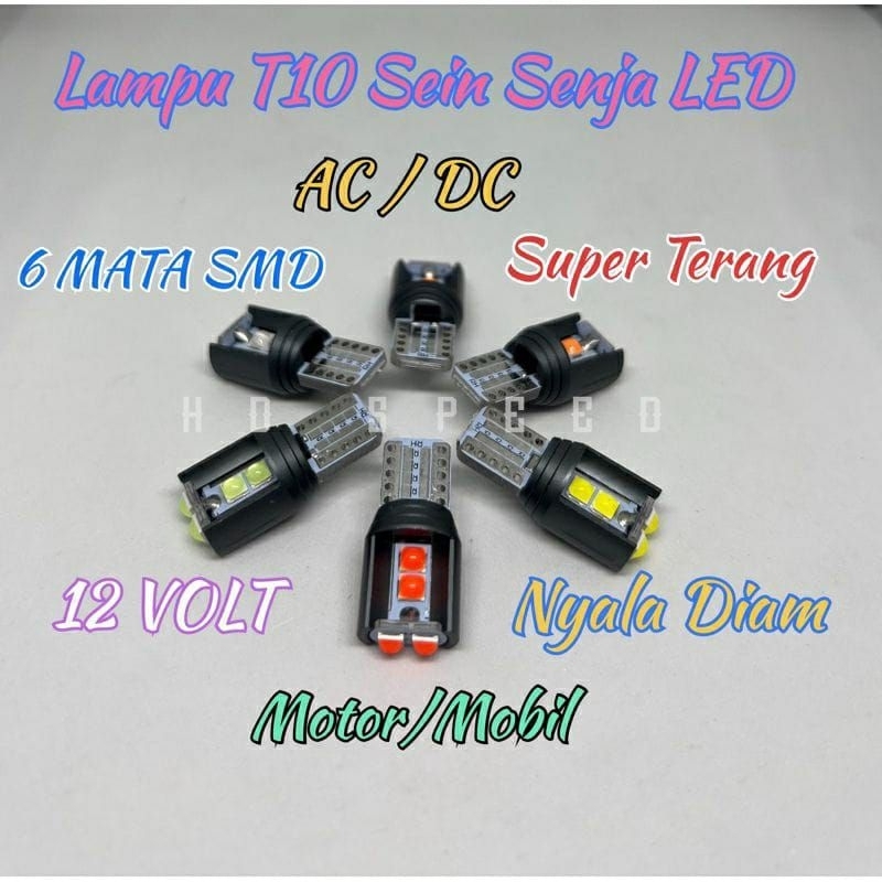 SEPASANG BOLAM LED T10 SEIN SENJA LAMPU LED T10 SEIN SENJA SUPER BRIGHT NYALA DIAM 6MATA AC DC 12VOL