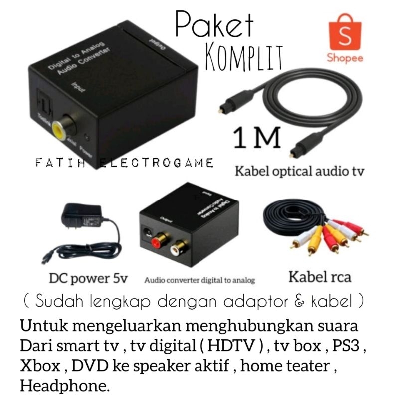 [ PAKET KOMPLIT ] Audio converter digital to analog + Kabel optik audio tv ( BAE 1M) + Kabel rca ( 3in3 ) Digital audio converter / Optical audio converter / Converter audio digital to analog