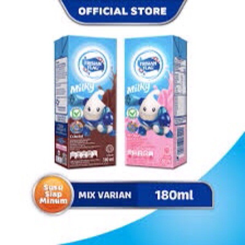 

Frisian Flag Susu UHT Zuzhu Cokelat 180 ml + Frisian Flag Milky UHT Strawberry 180ml