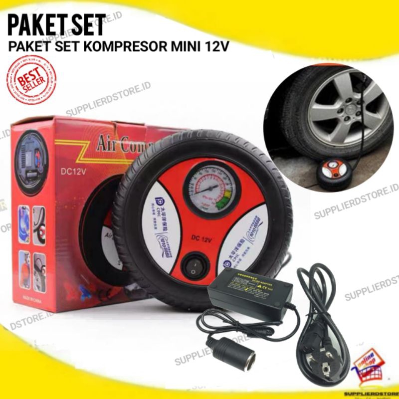 Paket Set Kompresor Mini Pompa Angin Ban + Adaptor Konverter Ac To Dc 12V 5A