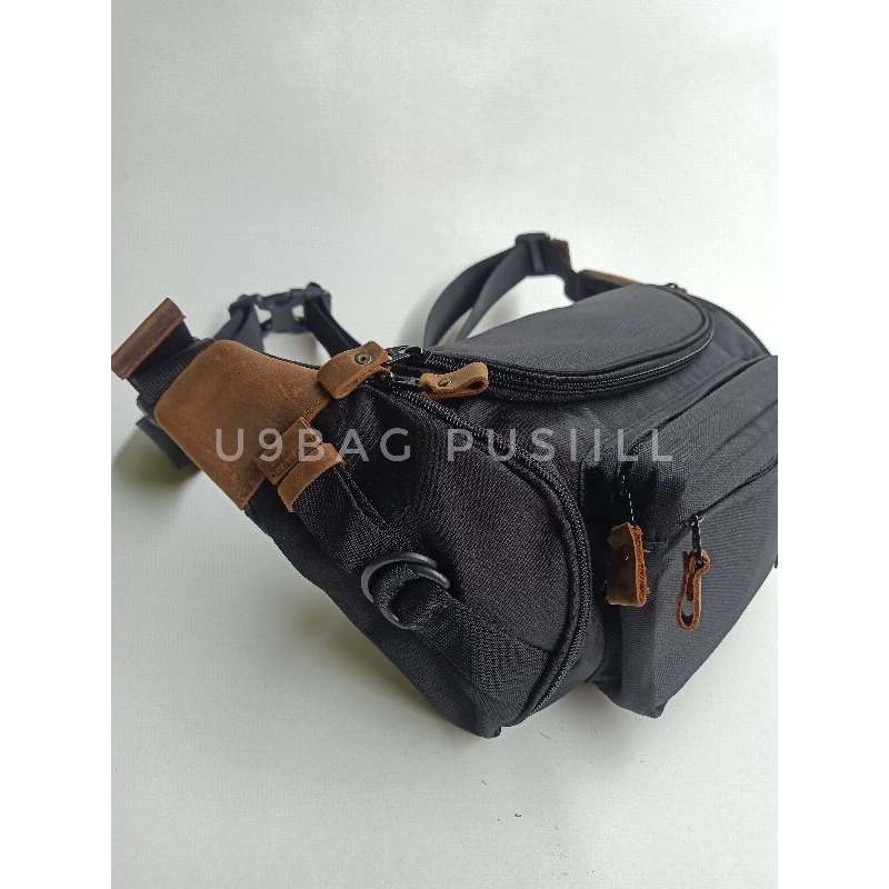 Pusiill waistbag  bahan coudura dengan kombinasi kulit sapi tas pinggang tas slempang