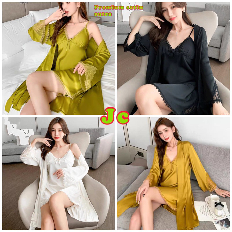 JC- Kimono Set 2in1 Sutra / Baju tidur Kimono Satin Import / Kimono Pengantin / Kimono Sexy Import / Kimono sleepwear
