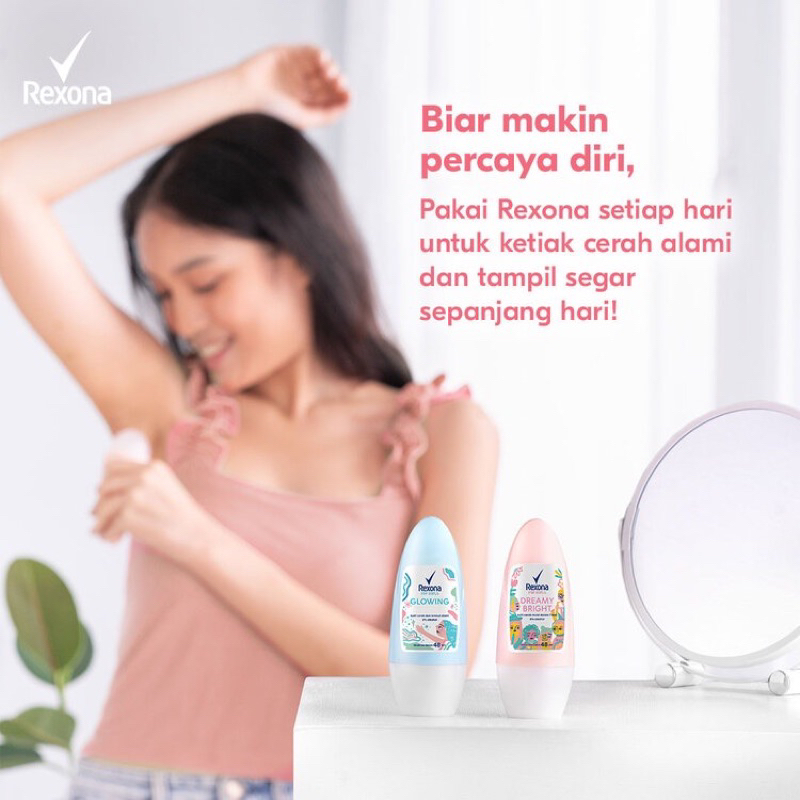 REXONA DEODORANT ROLL ON [ 40 ML ] GLOWING WHITE / DREAMY WHITE DEODORAN ANTI BAKTERI KULIT CERAH LEMBUT ALAMI PENGHILANG BAU BADAN