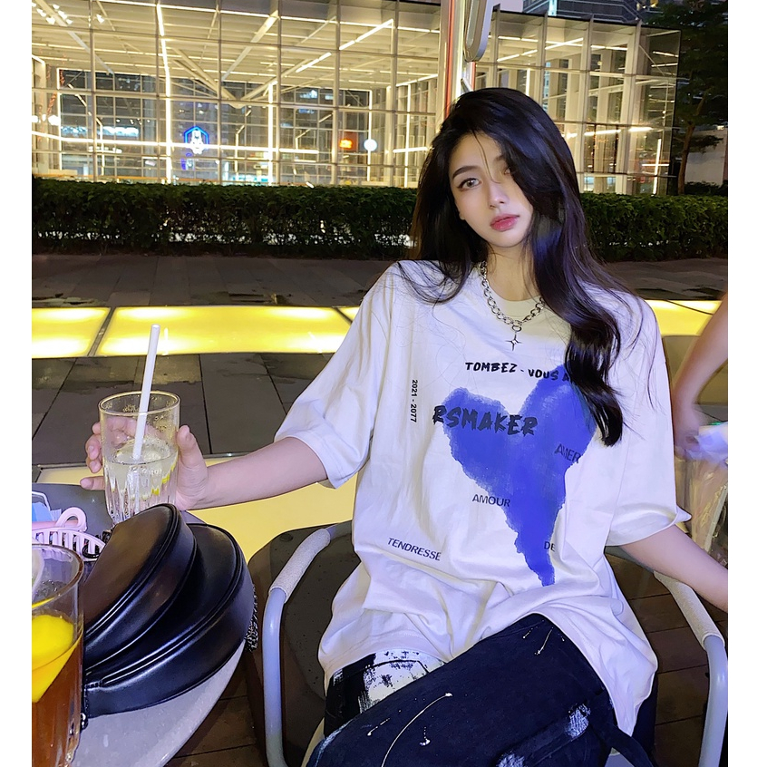 baju atasan wanita terbaru kaos/lengan pendek korean style letter heart motif printed t-shirt kekinian oversize kaos cream couple