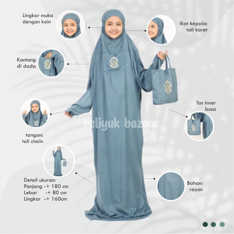 Mukena Anak Remaja Hadramaut Terusan Bali Terompah Polosan Warna Mukenah  Jumbo Rayon 5 Warna #3