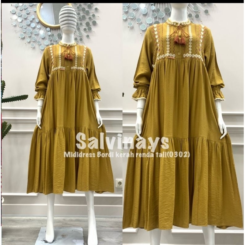 DRESS MIDI BORDIR TIMBUL ORI SALVINA BAHAN KATUN CRINKLE PREMIUM TASSEL