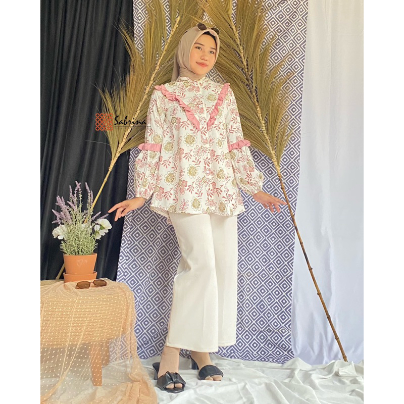 ALMYA BLOUSE Atasan Kemeja Batik Kerja Kantor Wanita Cantik Modis Modern Kekinian Print Katun Pastel Rampel Busui