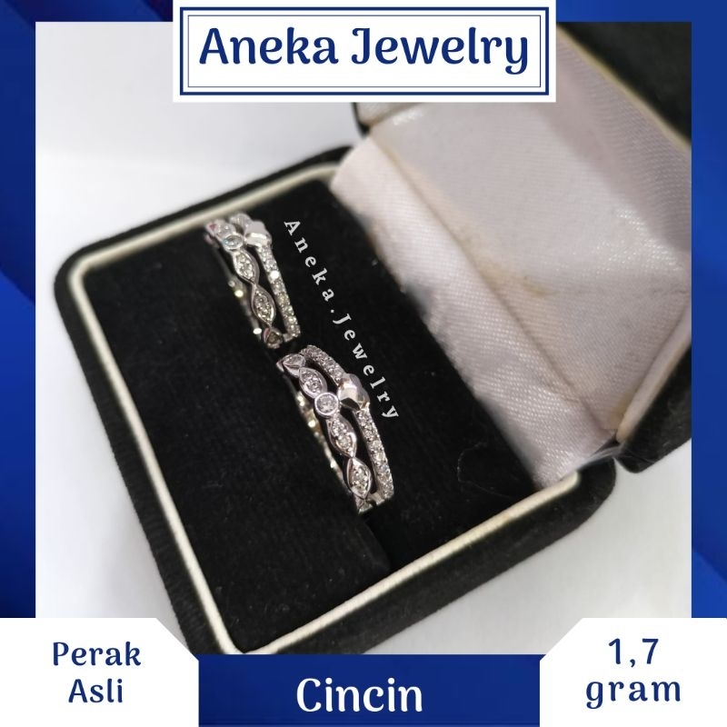 Cincin Double ring Mata Baris Love, Sepuh Emas Putih, Perak 925