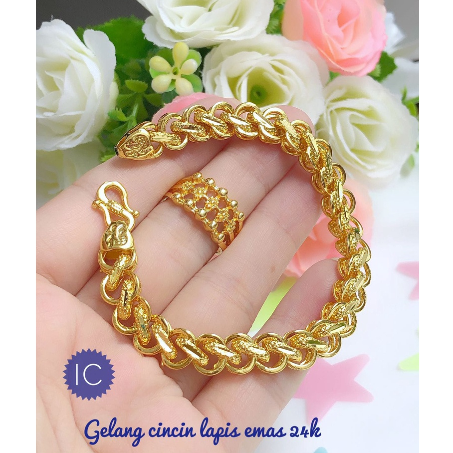 XUPED Set Perhiasan Lapis Emas 24 Karat Xuping Gelang Rantai Malaysia Double Cincin Gold Cantik Supe